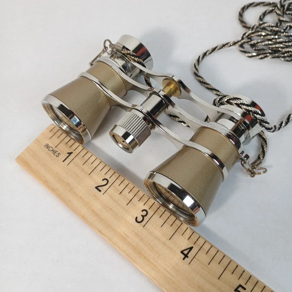 Opera Theater Glass Binocular 3X25 Golden Silver with Metal Chain Steampunk